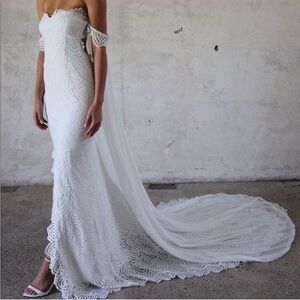 Grace Loves Lace White Off-Shoulder Lace Mermaid Wedding Dress with Chapel Train